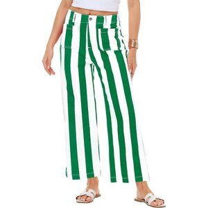 Women Striped Cropped Jeans Stretchy High Waist Wide Leg Pants Casual